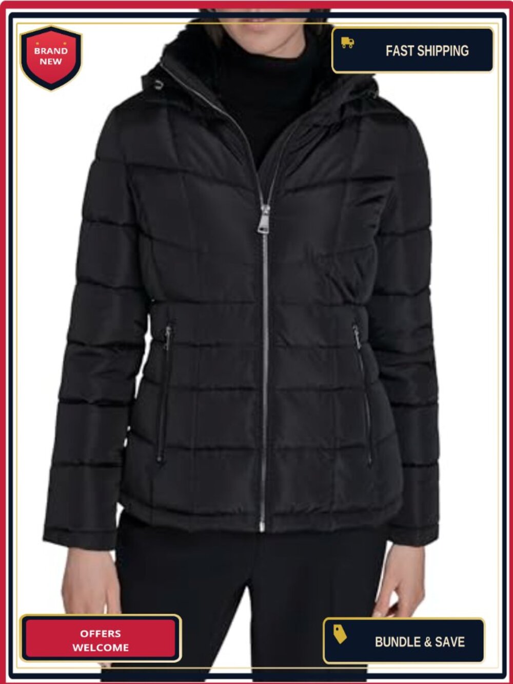 Women's Lightweight Quilted Hooded Puffer Jacket with Zipper Pockets